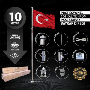 10 Metre İnox 304 Kalite Paslanmaz Krom Çelik Profesyonel Bayrak Direği