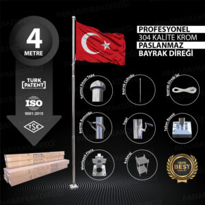 4 Metre İnox 304 Kalite Paslanmaz Krom Çelik Profesyonel Bayrak Direği