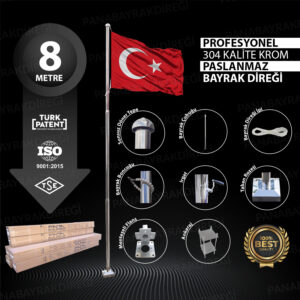 8 Metre İnox 304 Kalite Paslanmaz Krom Çelik Profesyonel Bayrak Direği